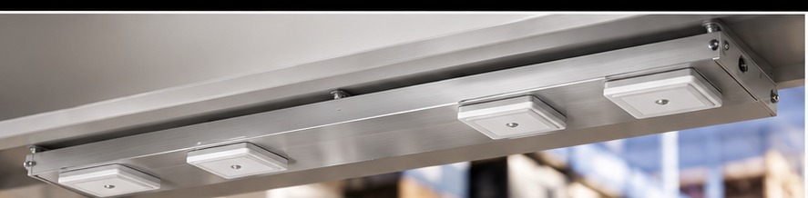 Conceptual underside installation of fAInd sensing hardware beneath a retail shelf