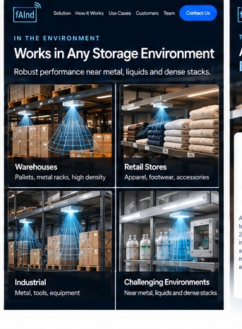 Four conceptual examples of sensing across warehouses, retail stores, industrial storage and challenging environments, including labels